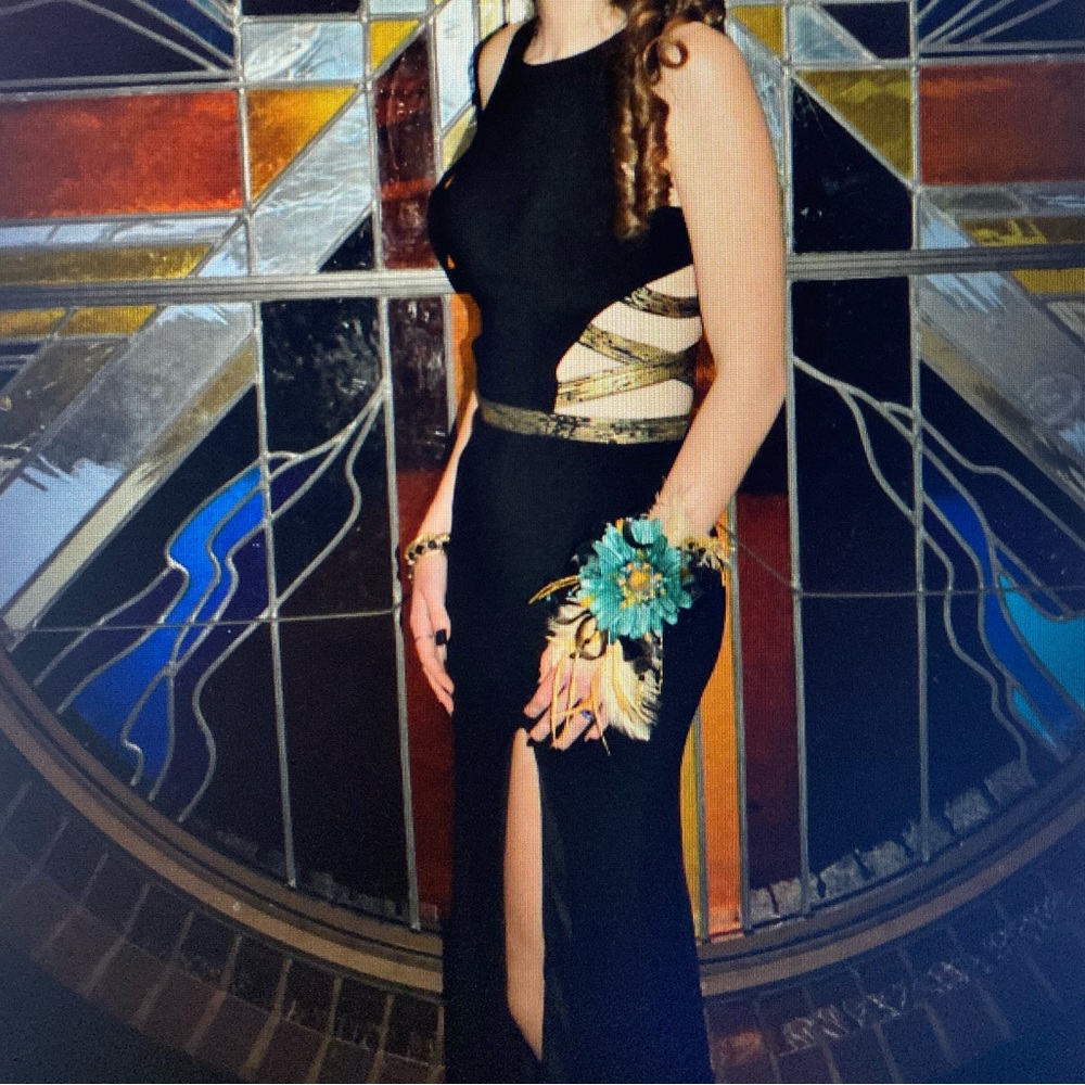 Black exposed waist Faviana size 2 long dress.